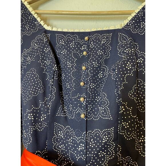 Vintage Dress Navy Blue White Print Maxi Long Prairie Regency - Picture 9 of 11